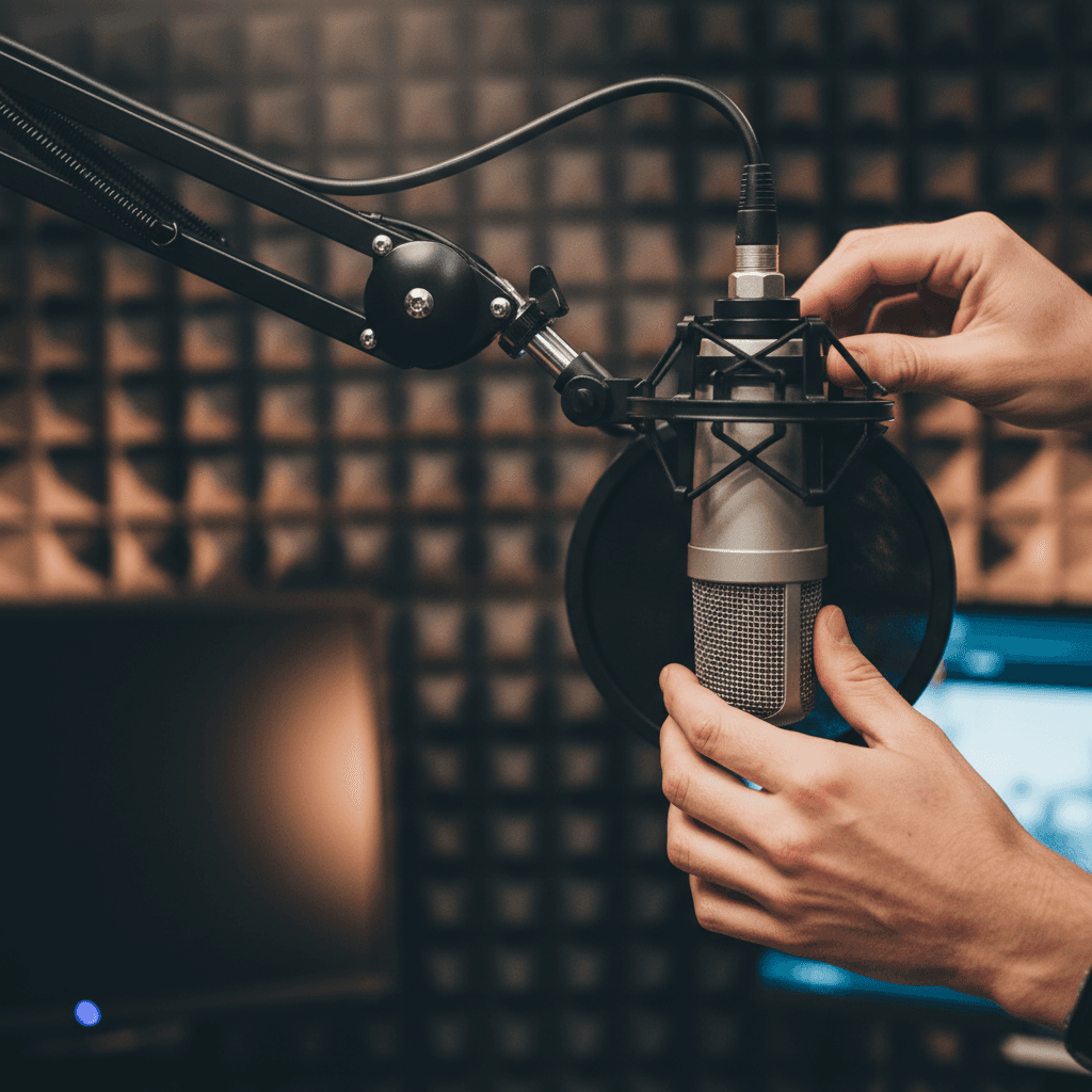 Voice actor adjusting a large microphone on a boom arm in a professional soundproof recording studio booth