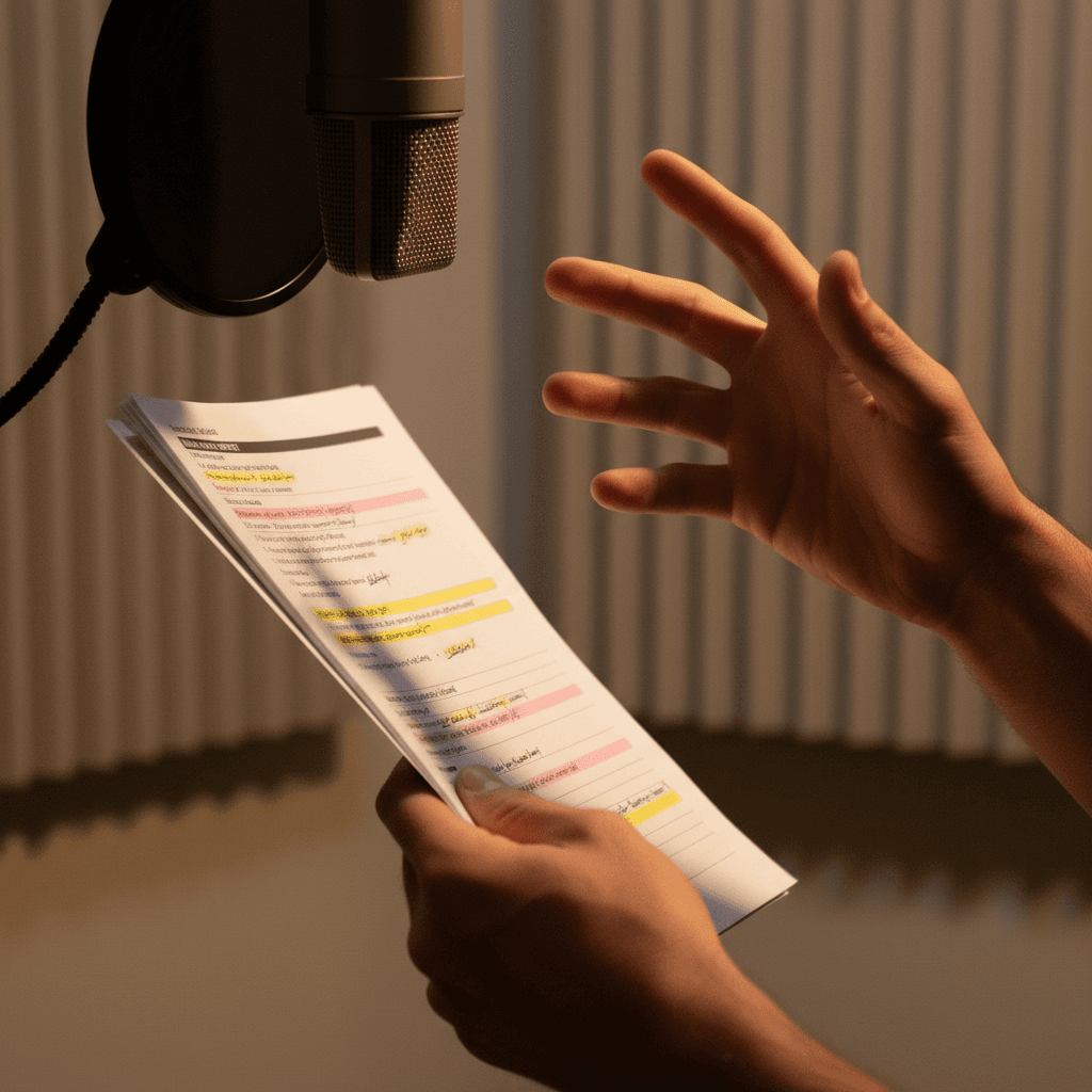 Close-up of voice actor's expressive hands gesturing while holding highlighted script during professional recording session