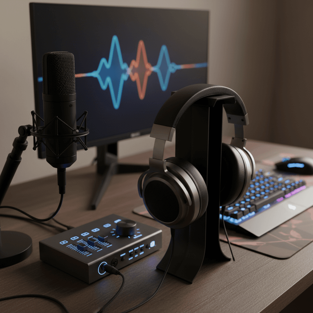 Professional audio equipment including headphones, microphone, and interface displayed with waveform visualizations for rhythm game development