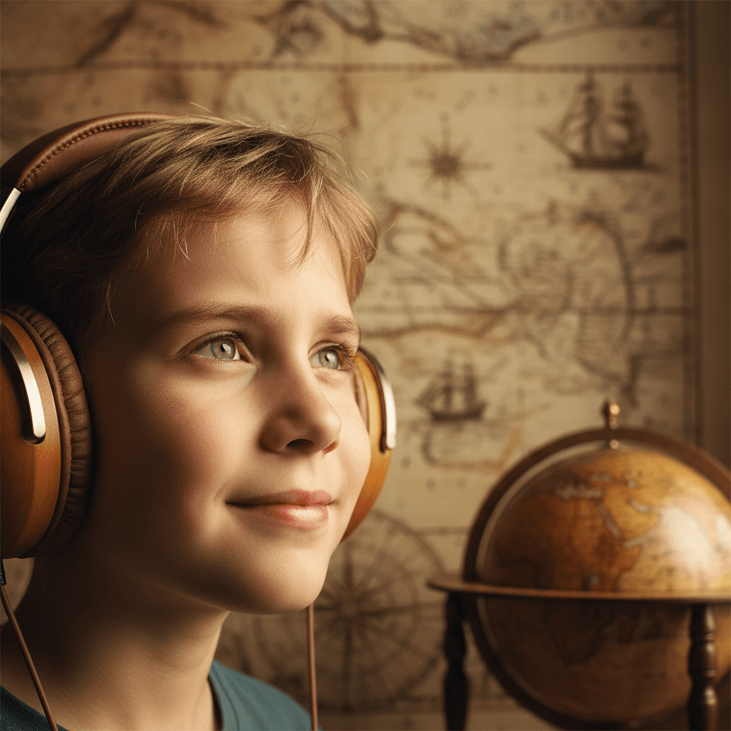 Child wearing headphones with an expression of wonder while listening to a historical audiobook narrative